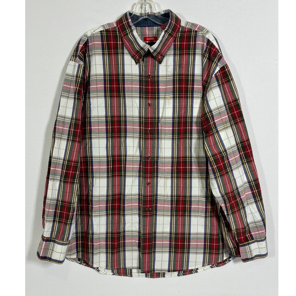 IZOD Mens Plaid Button Down Shirt Red Green White Long Sleeve Pocket XXL